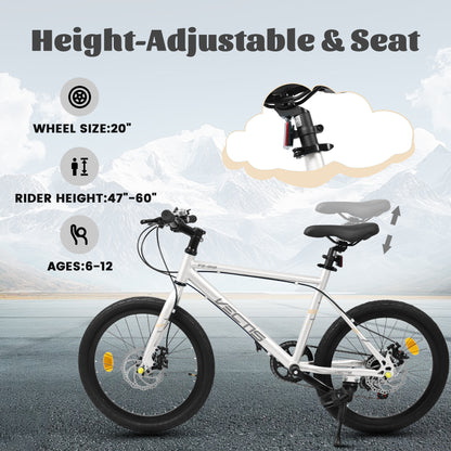 A20183 Kids Bike For 6-12 Years Old, 20 Inch Children's Bicycle For Boys Girls, 7-Speed Steel Frame, , Dual Disc Brakes, 20x1.75 Inch Tires Road Bike, 4 Color Options