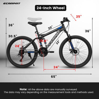 24 Inch Mountain Bike With Full Suspension, 21 Speed Shifter Lever With Gear Indicator, High Carbon Steel Frame, Mechanical Disc Brakes, Unisex For Men Women Adults, Ideal For Trails.