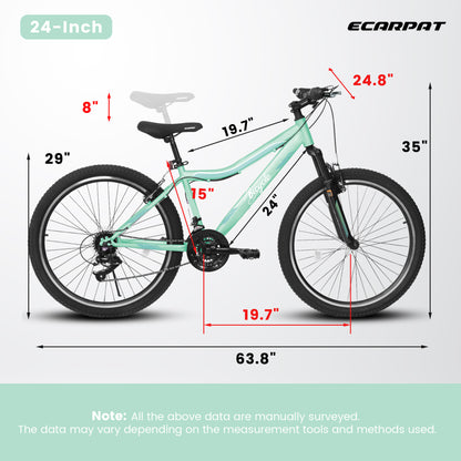 A24208D Mountain Bike 24 26 Inch, High-Density Carbon Steel Frame, 21 Speed, Front Suspension, Dual V-Brakes, Pre-Assembled For Men Women Teens