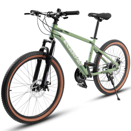 A24301 24 Inch Mountain Bike For Teenagers, High Carbon Steel Frame, Disc Brakes, Durable Design, Brown Edge Tires, Ideal For School Commuting