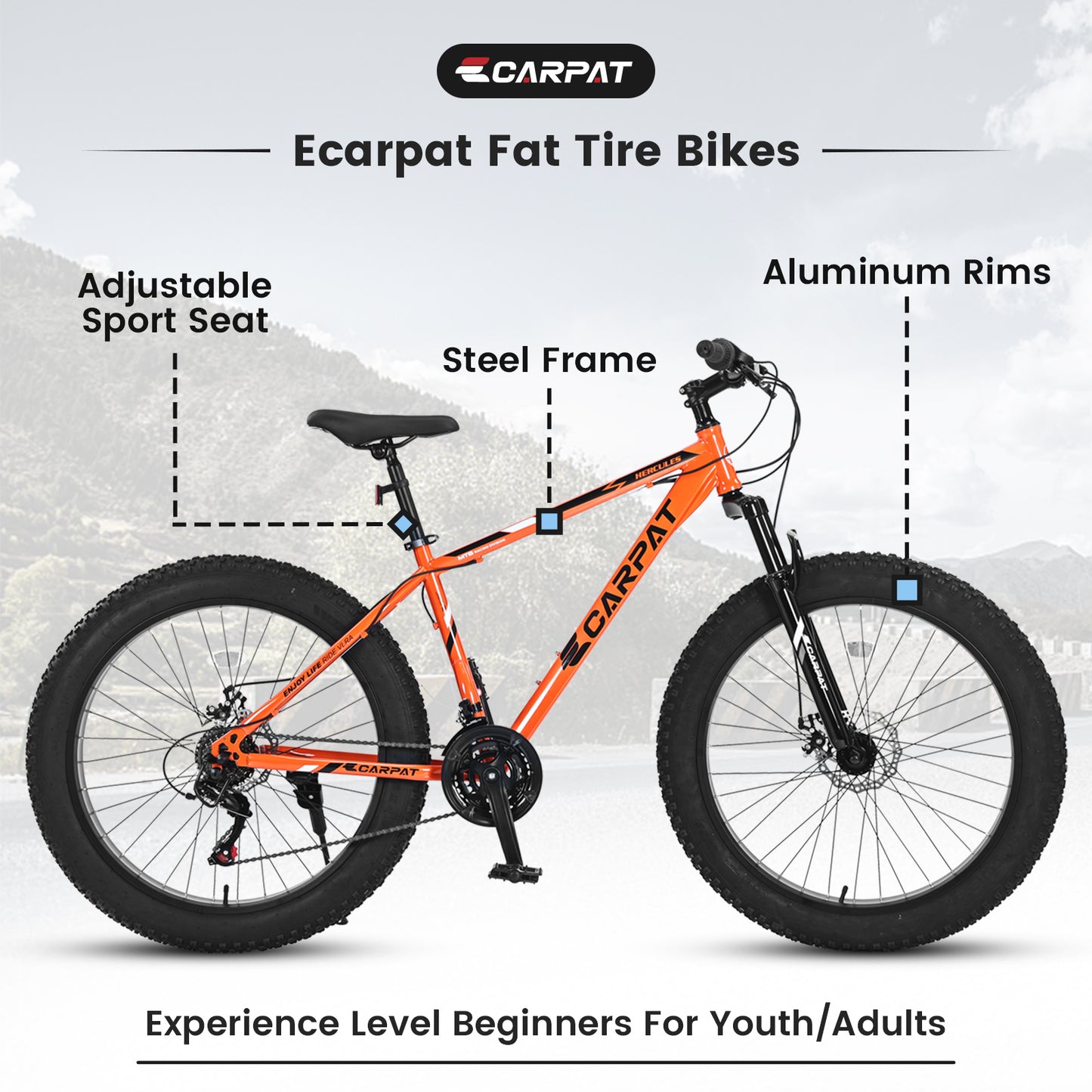 S26109 26 Inch Fat Tire Bike Adult-Youth Full Shimano 21 Speed Mountain Bike, Dual Disc Brake, High-Carbon Steel Frame, Front Suspension, Mountain Trail Bike, Urban Commuter City Bicycle