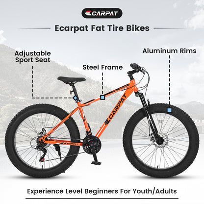 S26109 26 Inch Fat Tire Bike Adult-Youth Full Shimano 21 Speed Mountain Bike, Dual Disc Brake, High-Carbon Steel Frame, Front Suspension, Mountain Trail Bike, Urban Commuter City Bicycle