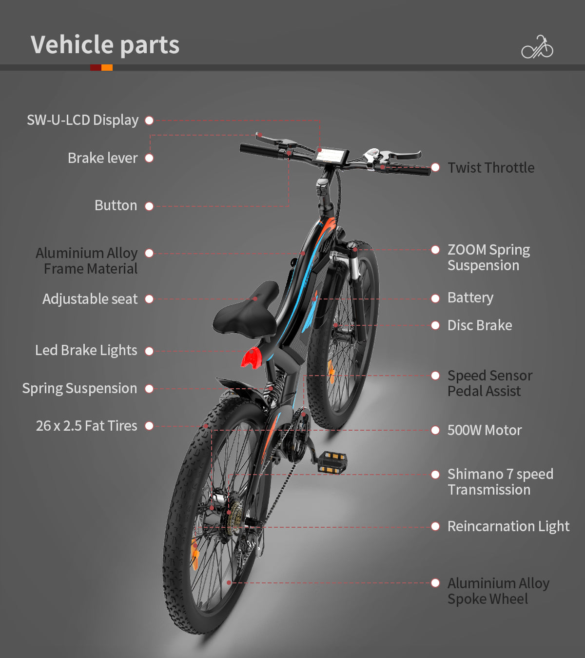 26x2.35 Inch E-Bike  48V 500W Rear Motor  15AH Lithium Battery  Front Suspension & Dual Mechanical Disc Brakes