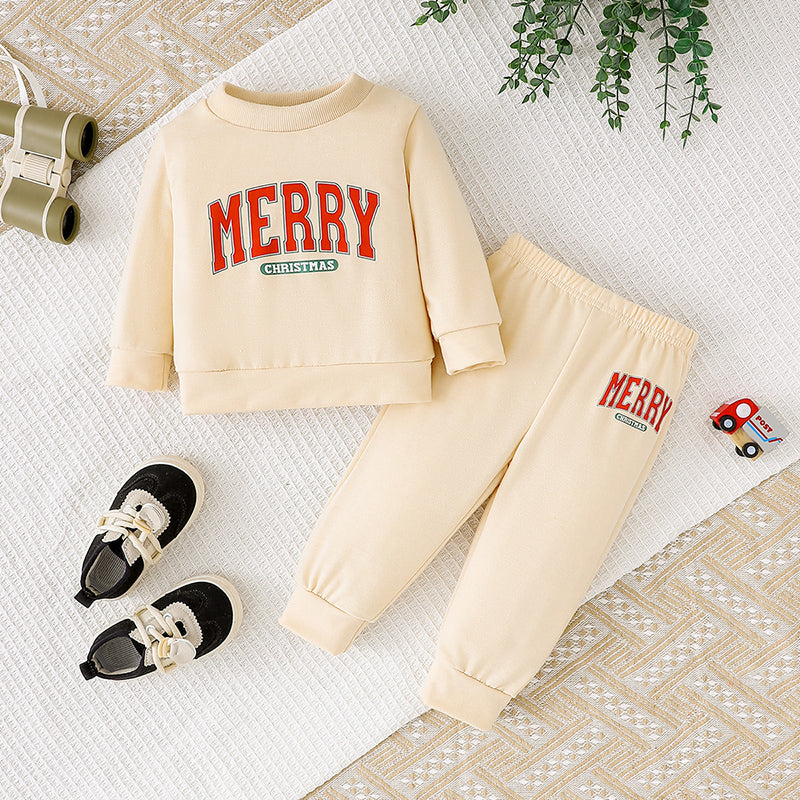 Baby Girls 2Pcs Christmas Outfits MERRY Christmas Letter Print Round Neck Long Sleeve Sweatshirt & Pants Set
