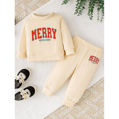 Baby Girls 2Pcs Christmas Outfits MERRY Christmas Letter Print Round Neck Long Sleeve Sweatshirt & Pants Set