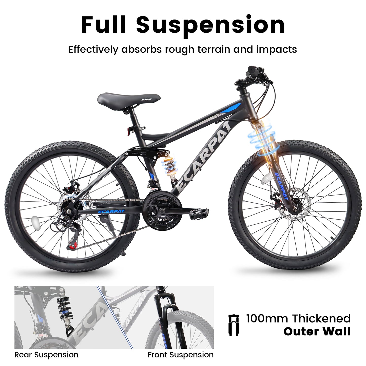 24 Inch Mountain Bike With Full Suspension, 21 Speed Shifter Lever With Gear Indicator, High Carbon Steel Frame, Mechanical Disc Brakes, Unisex For Men Women Adults, Ideal For Trails.