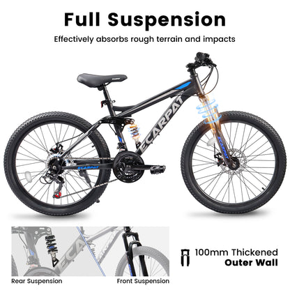 24 Inch Mountain Bike With Full Suspension, 21 Speed Shifter Lever With Gear Indicator, High Carbon Steel Frame, Mechanical Disc Brakes, Unisex For Men Women Adults, Ideal For Trails.