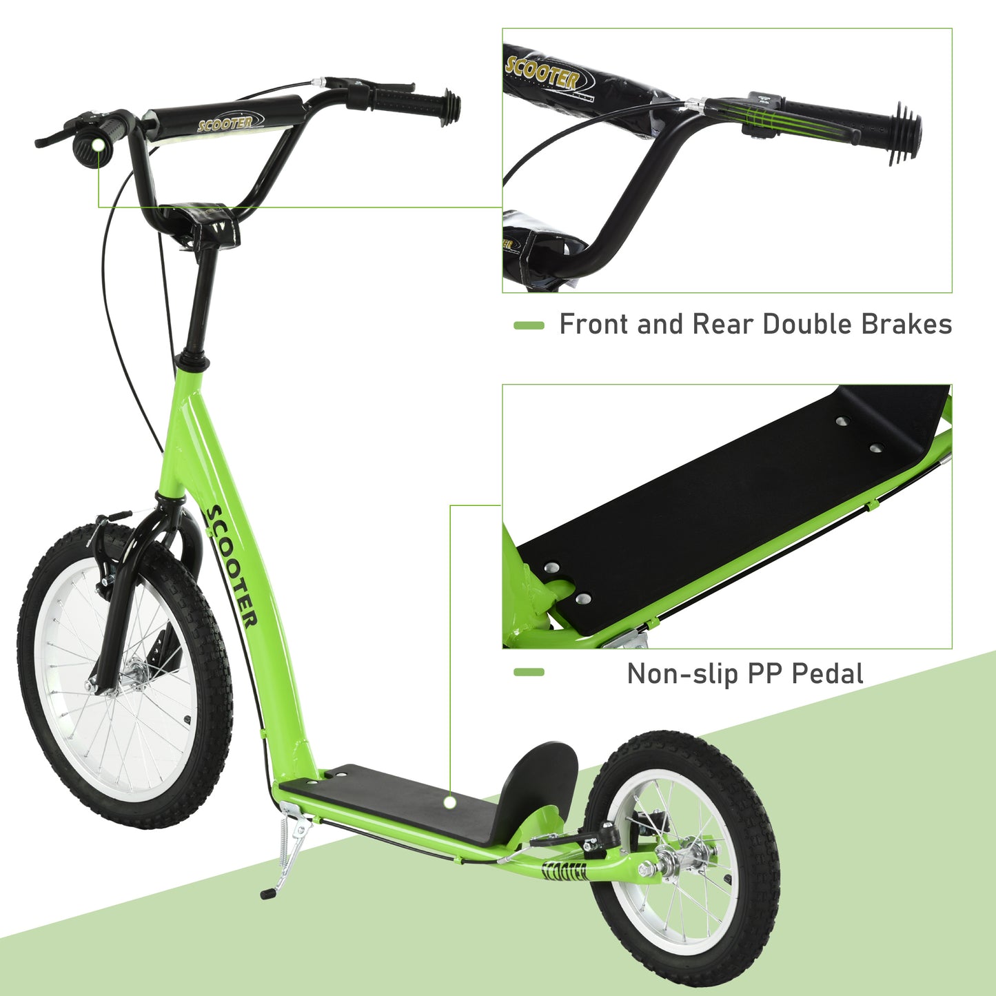 Youth Scooter With Adjustable Handlebar, Front And Rear Dual Brakes & Inflatable Wheels, For Kids 5 Green