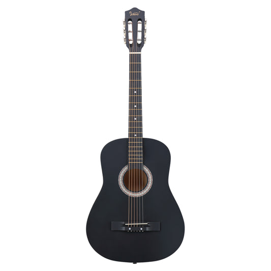 Matte Black 38-inch Round Acoustic Guitar With Picks, Strings, Capo, Case, Tuner, And Strap