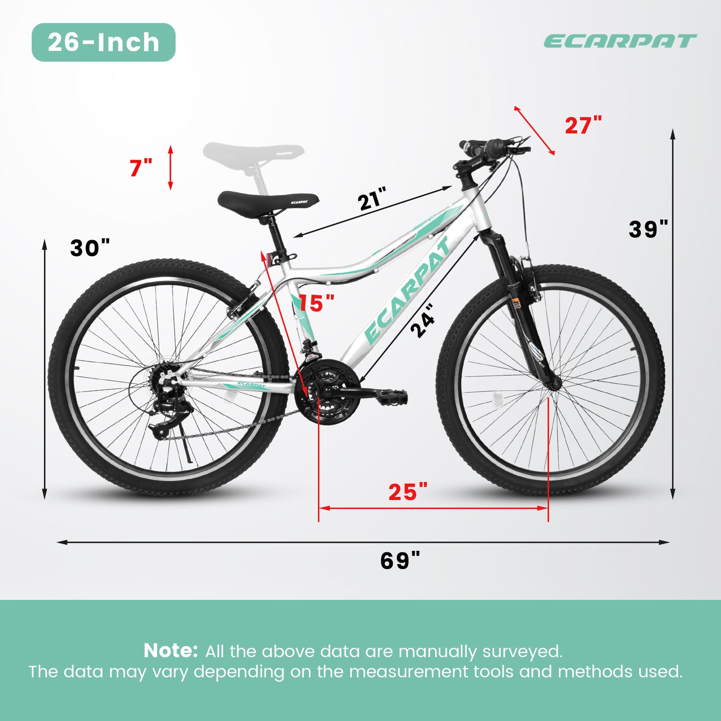 A26208 Ecarpat 26 Inch Mountain Bike, 21-Speed V-Brake, Front Suspension, Carbon Steel Frame Mountain Bike For Teenagers Girls Women Bicycles