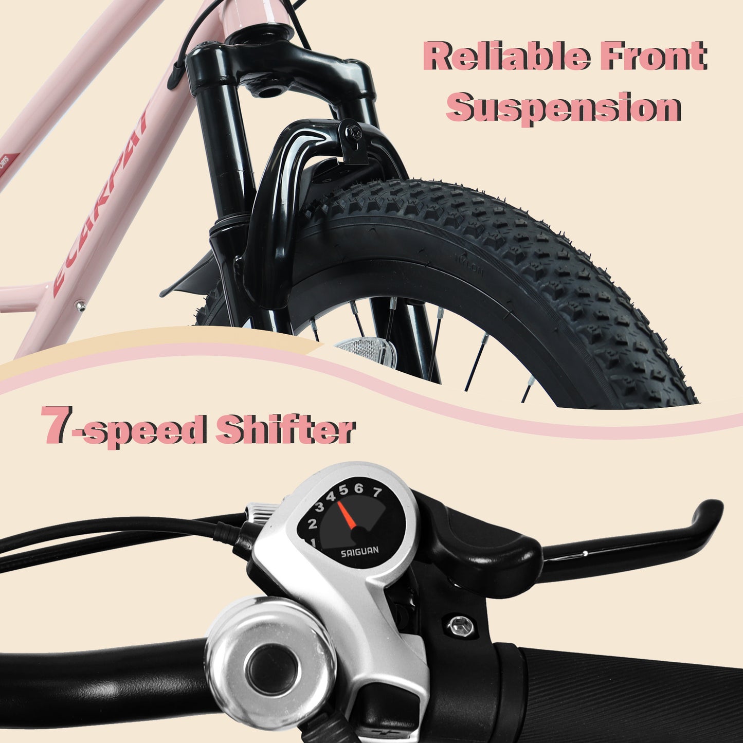 20 Inch Mountain Kids Bike For Boys & Girls, Ages 6-12, 7-Speed With Front Suspension