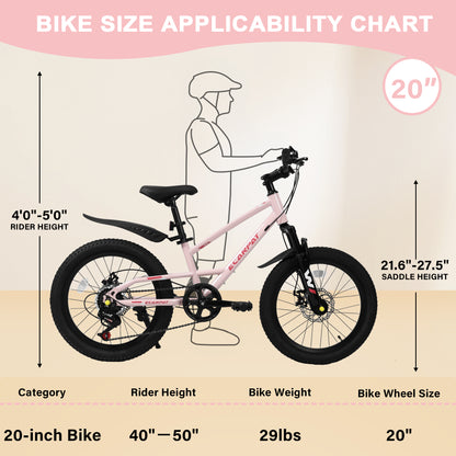 20 Inch Mountain Kids Bike For Boys & Girls, Ages 6-12, 7-Speed With Front Suspension