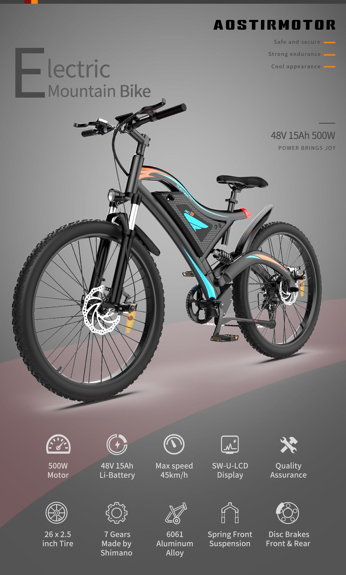 26x2.35 Inch E-Bike  48V 500W Rear Motor  15AH Lithium Battery  Front Suspension & Dual Mechanical Disc Brakes